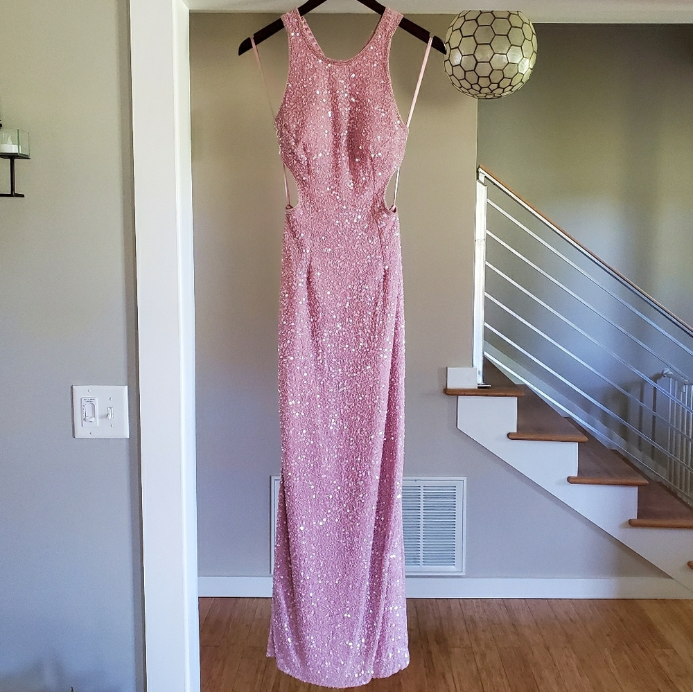 Pink Sparkling Sequin Cutout Evening Column Gown - Wedding Guest or Prom